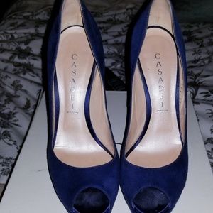 Casadei Blue Suede Platform Peekaboo Pumps